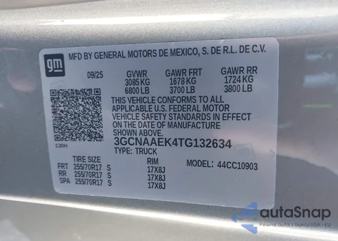 2026 Chevrolet Silverado 1500 2Wd Long Bed Wt z USA, uszkodzony, nr VIN 3GCNAAEK4TG132634